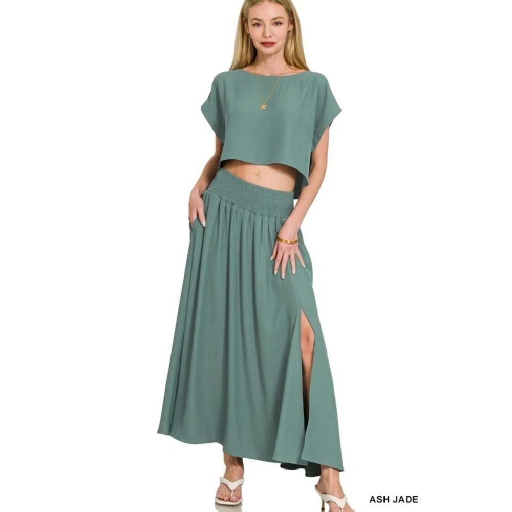 Zenana Heavy Woven Span‎ Crop Tee & Skirt Set Ash Jade Small NEW